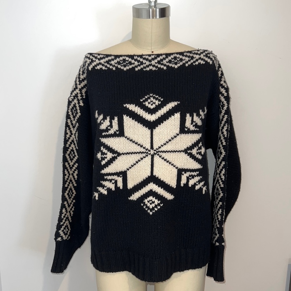 RLX Ralph Lauren Black & White Off-Shoulder Fair Isle Sweater